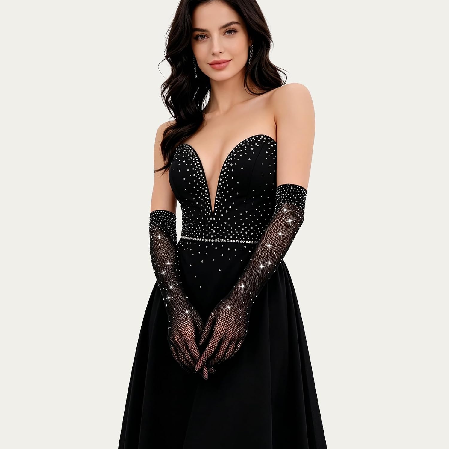Rhinestone Long Fishnet Gloves Mesh Rave Sleeve Bling Elbow Length Glove for Evening Party Prom Women Girls