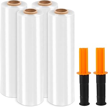 Plastic Wrap Stretch Film Roll, 1000ft 60 Gauge 500% Industrial Strength 15 inch Wide Clear Shrink Wrap Roll with Handles for Pallet Wrapping Shipping Moving 4 Roll