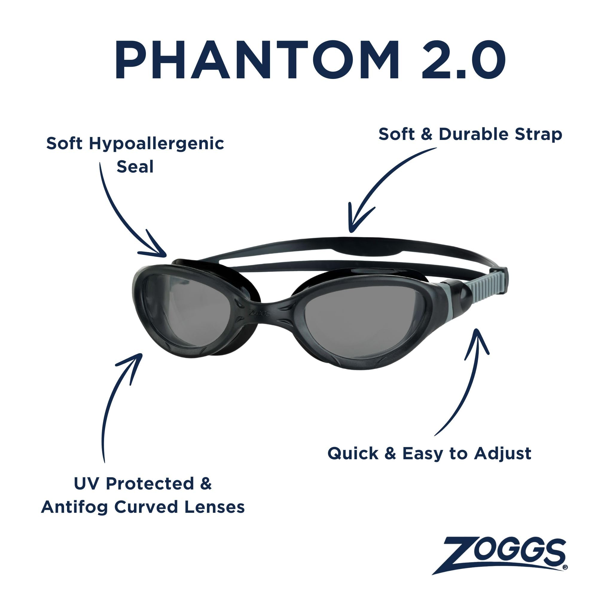 Zoggs Phantom 2.0 Black Grey Tint Smoke, Black/Grey/Tint Smoke - Image 2