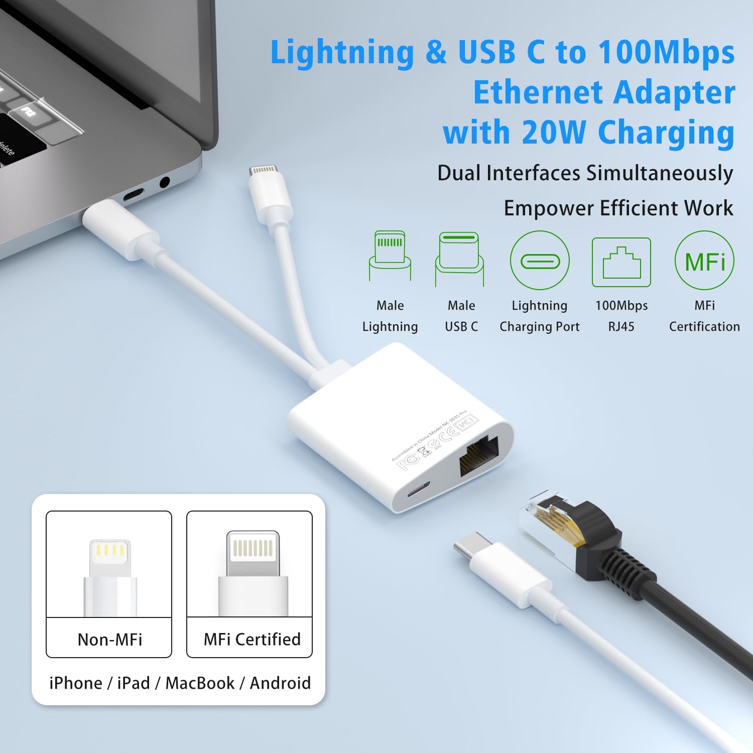 USB C to Ethernet Adapter,Apple MFi Certified Lightning to 10/100 Gigabit Ethernet Internet Adapter, 2 in 1 RJ45 LAN Network Dongle with PD Charging Prot for iPhone iPad Samsung Android MacBook Laptop image 2 of 8 B0FHK6T6WG