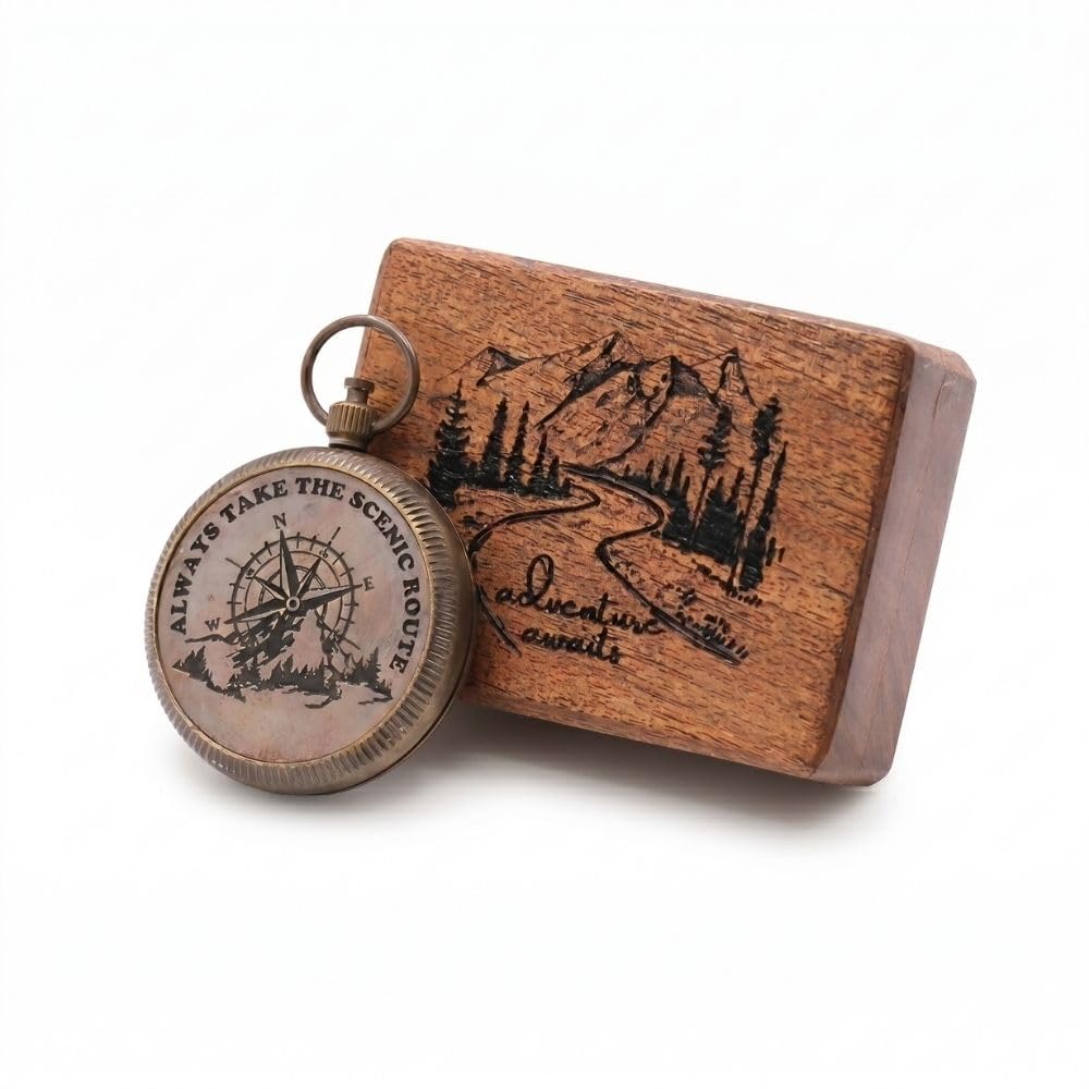 Roorkee Instruments India Magnetic Compass with Glass Top Wood CaseVintage Replica Compass