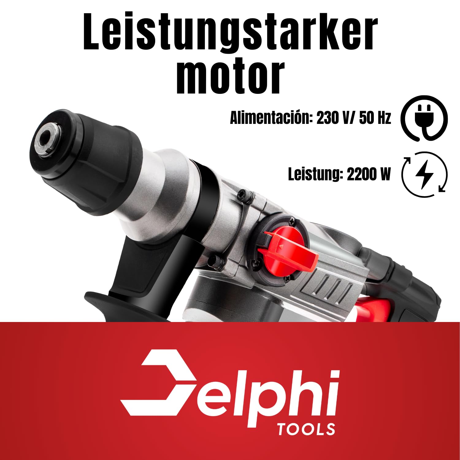 Delphi Martello Demolitore SDS Plus 2200W, Trapano a Percussione 3 Funzioni, 4J Energia d’Impatto, con Custodia, Punta e Scalpello, Cavo da 2,8m, Set di Accessori