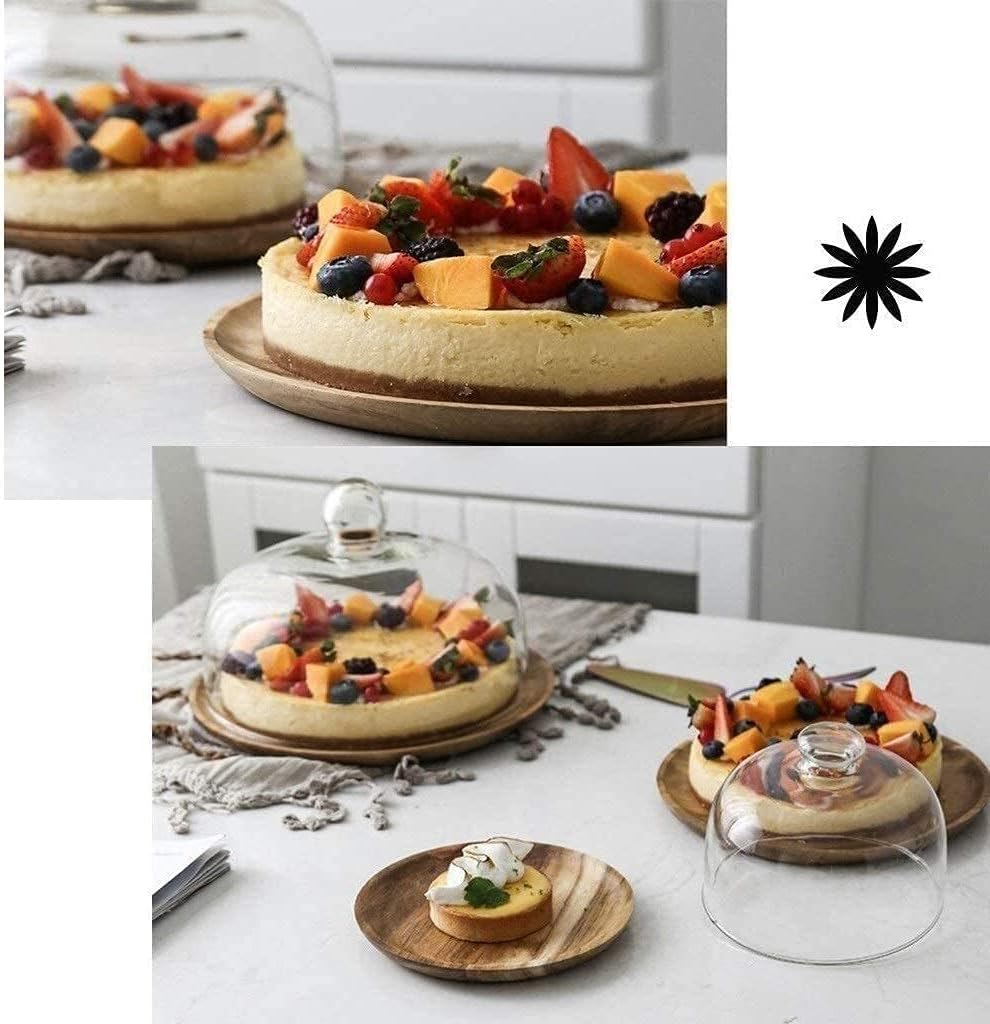 Cake Stand 6/8/10 Cake Dome Pastry Pizza Preservation Glass Cover Wooden Plate Hotel Party Dessert Tasting Tray (Size: 6 Inch) (6 Inch)