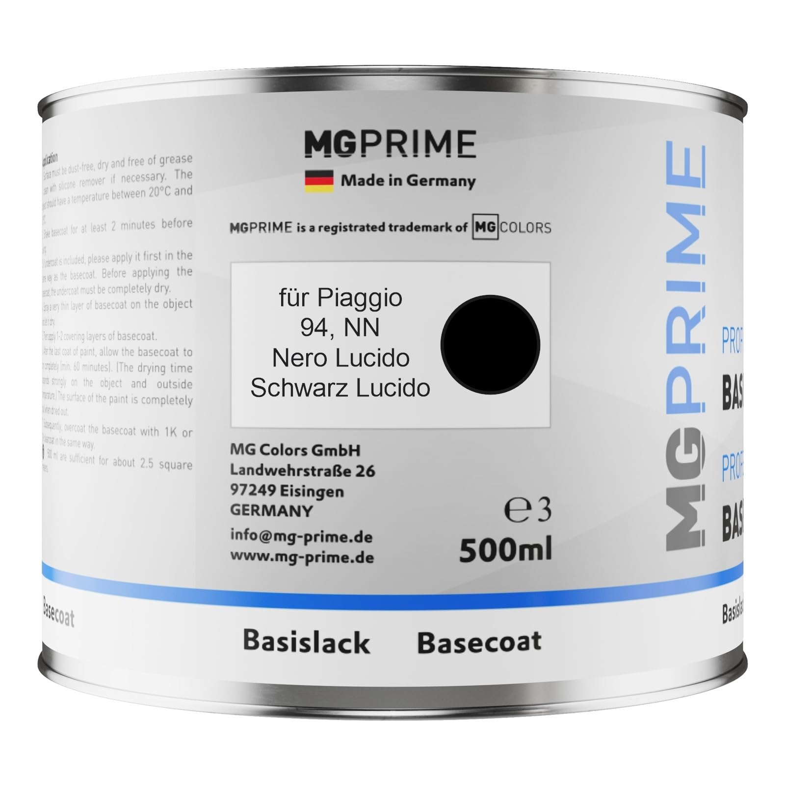 MG PRIME Lakier samochodowy Zestaw puszka gotowa do natrysku dla Piaggio 94 / NN Nero Lucido/Schwarz Lucido lakier bazowy + lakier bezbarwny 2K 1,25L