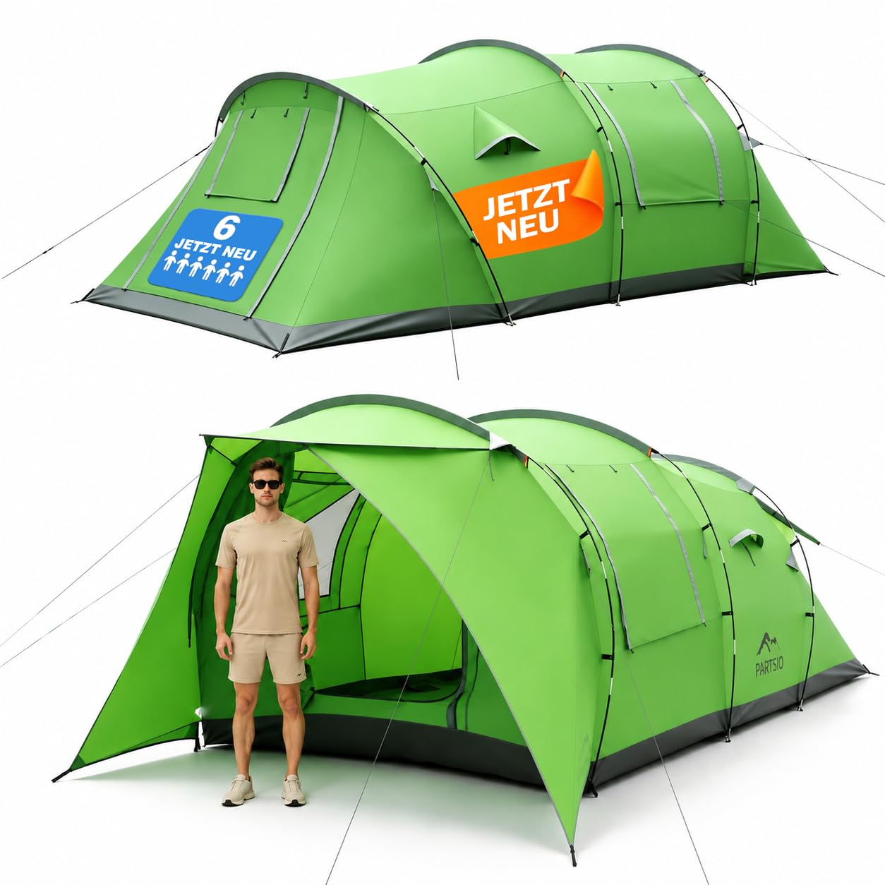 Zelt 6-7 Personen, 4000 mm Wassersäule & eingenähte Bodenwanne, Stehhöhe, Eingang mit Fliegengitter, Sonnendach & Privatsphäre-Trennvorhang, XXL Familienzelt Tunnelzelt für Camping Reisen Festival
