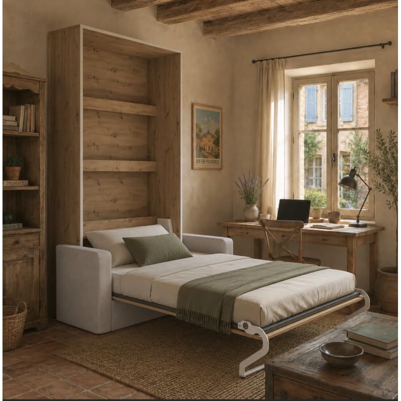BB Loisir Lit Armoire 100x200cm avec Canapé Gris Sable Lit escamotable M3 Lit Mural Chene Sauvage