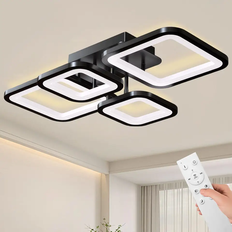 Moderno plafon led sobrepor, Design Quadrado 4, Regulável 3000K-6500K, Acrílico luminária led, Tensão ampla de 110-220 V, Adequado para Quarto, Cozinha, Sala de Jantar, Escritório