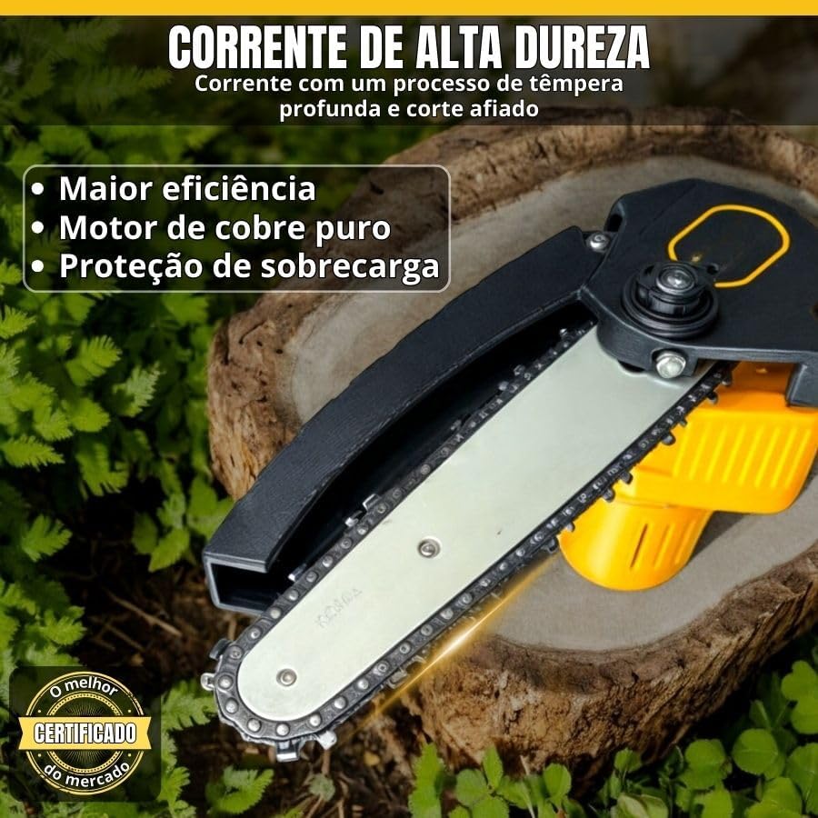 Close-up image of the chainsaw chain and guide bar, emphasizing its high hardness, deep quenching process, sharp cut, pure copper motor, and overload protection.