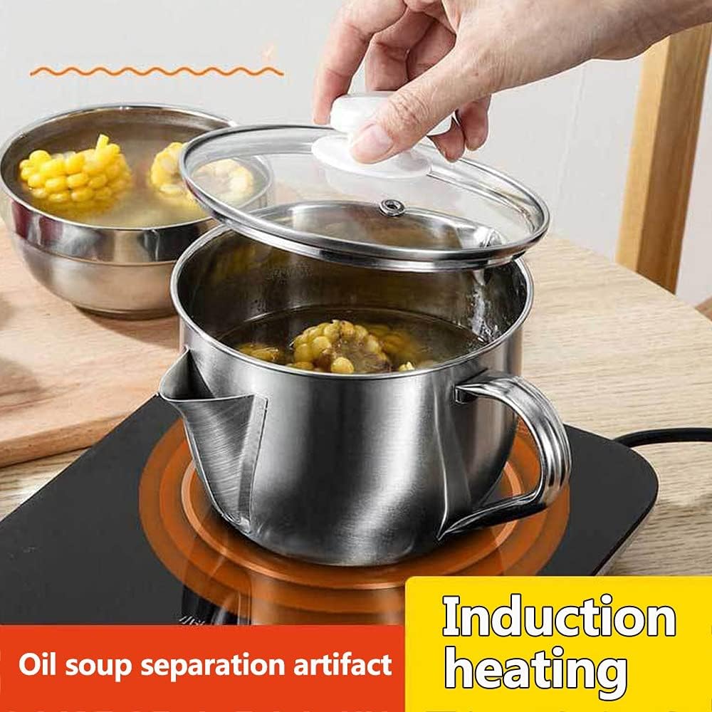 Kitchen Gravy Oil Soup Fat Separator Bowl Multi-Use 304 Stainless Steel Grease Oiler Filter Strainer Cooking Pot Gadgets(With cover)
