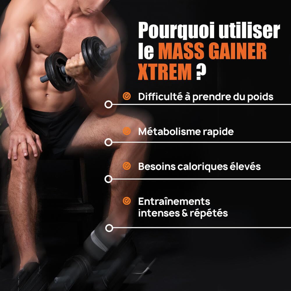 MASS GAINER XTREM avec CREATINE - Gainer Prise de Masse - 433 kcal, 94g Glucides, 3g Créatine, Whey + Digezyme - 3kg - Saveur Chocolat - Eric Favre