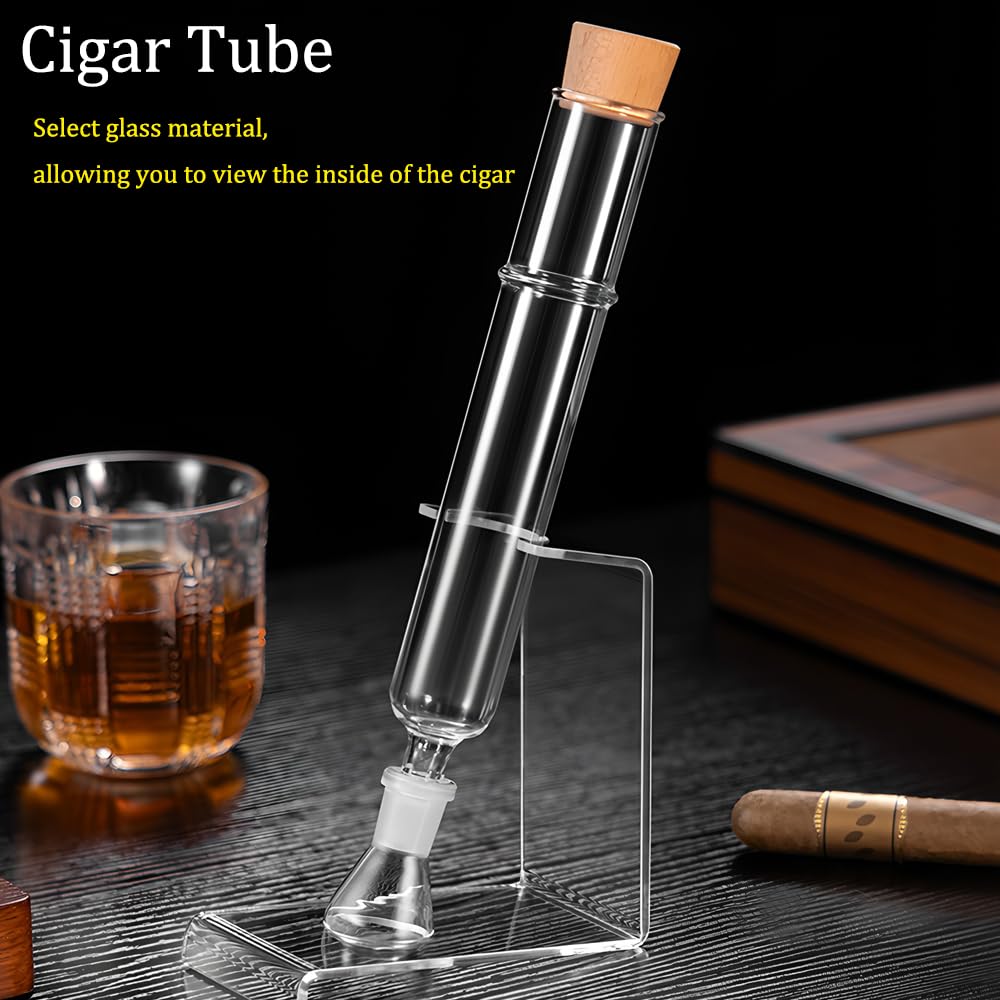 Humidor de cigarros de vidrio hecho a mano con tapas y soporte de exhibición transparente – Tubo recto, base de bola, juego de tapones de madera, estuche de viaje hermético para