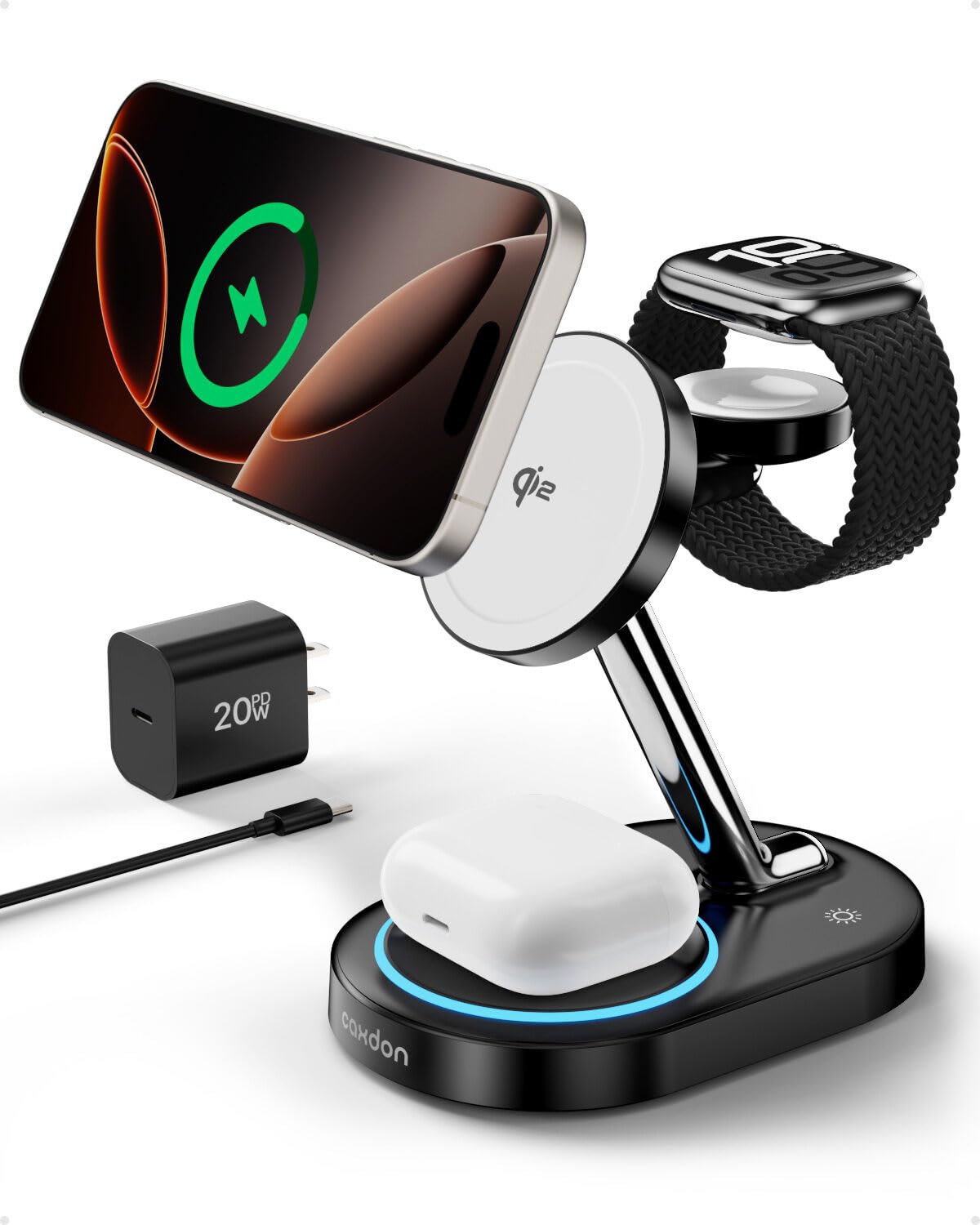 3 in 1 Wireless Charging Station with Qi2 Magnetic Charger for iPhone16/15/14/13/12/Pro/Pro Max, for Apple Watch 9/Ultra 2/SE/8/7/6/5/4/3/2, for AirPods Pro/Pro 2/3 (Jet Black)