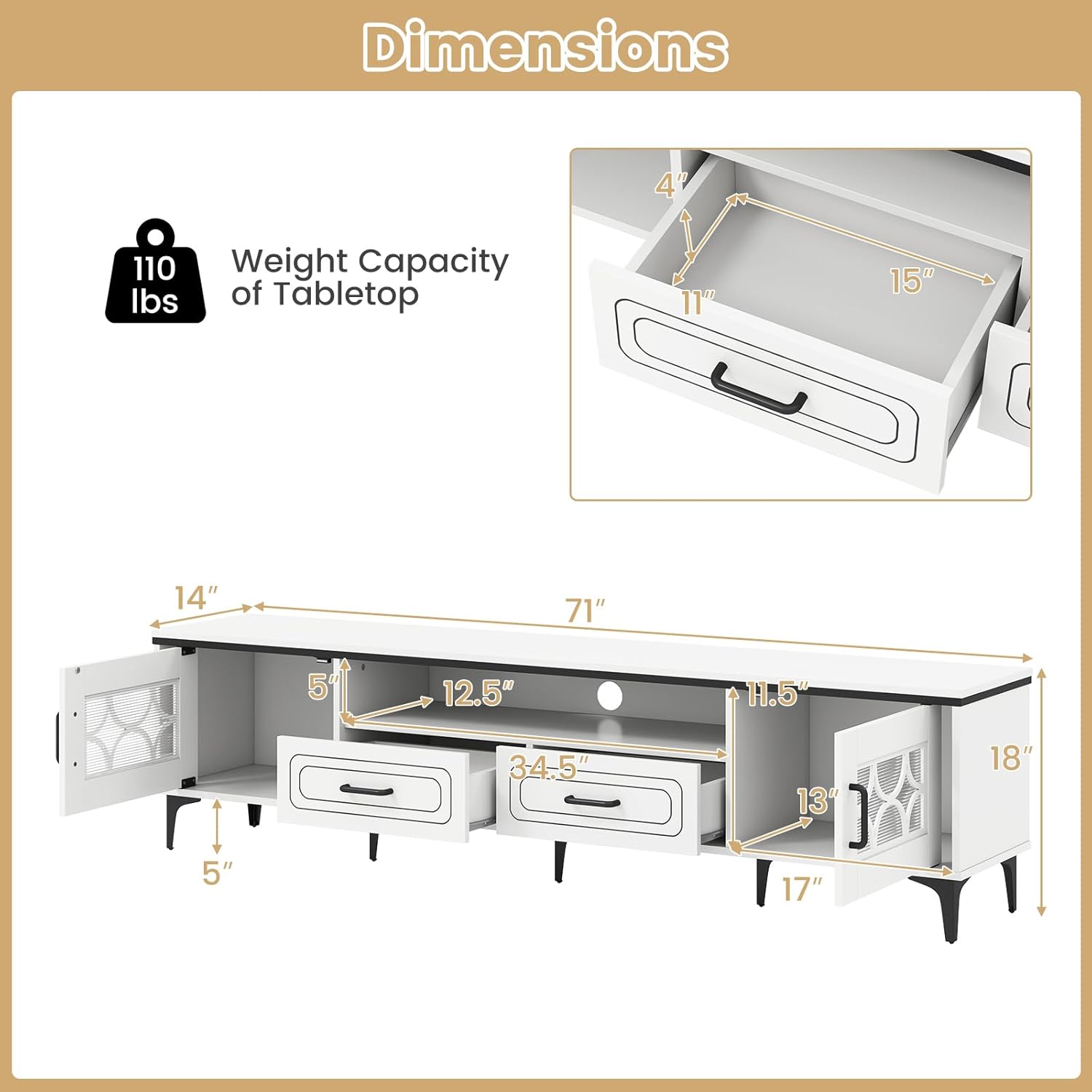 Diagram showing the detailed dimensions of the TV stand, including overall length, width, height, and internal dimensions of drawers and compartments.