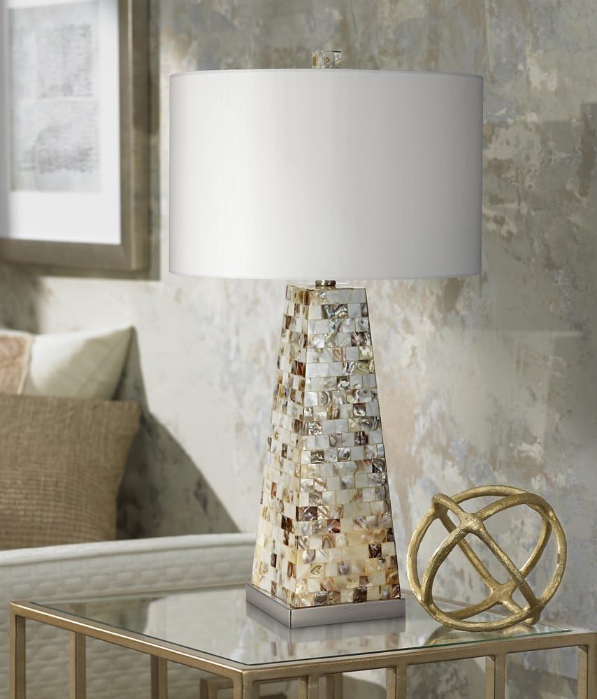 Possini Euro Design Lorin Modern Coastal Modern Table Lamp with Nightlight 29" Tall Pearl Tile Square Tapered Base Drum Shade Decor for Living Room Bedroom House Bedside Home (Color May Vary)