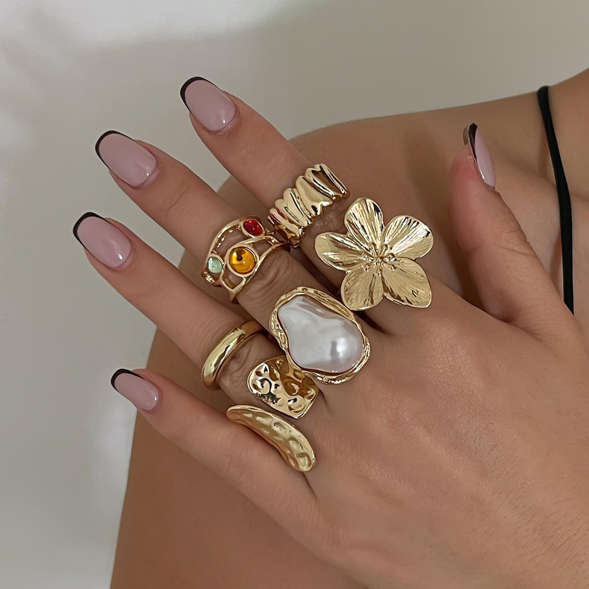 Gold Chunky Rings Set Chunky Gold Flower Rings Pearl Stacking Statement Rings for Women 14k Gold Plated Thick Dome Stackable Open Rings Exaggerated Baroque Pearl Stack Rings - Image 2