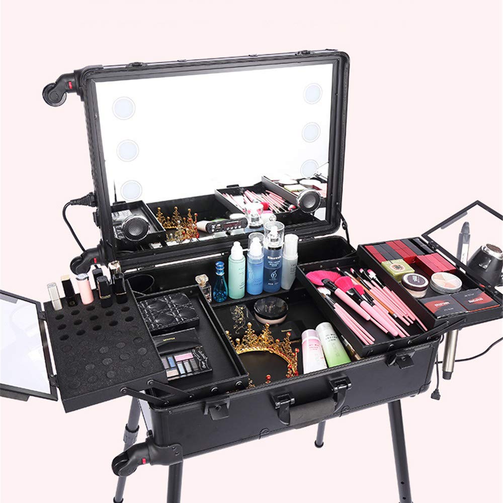 DXXCV Large Capacity Makeup Case,Cosmetic Train Case Beauty Artist Makeup Station with LED Three-Color Dimming, Support for Bluetooth Audio Touch Screen Universal Wheels