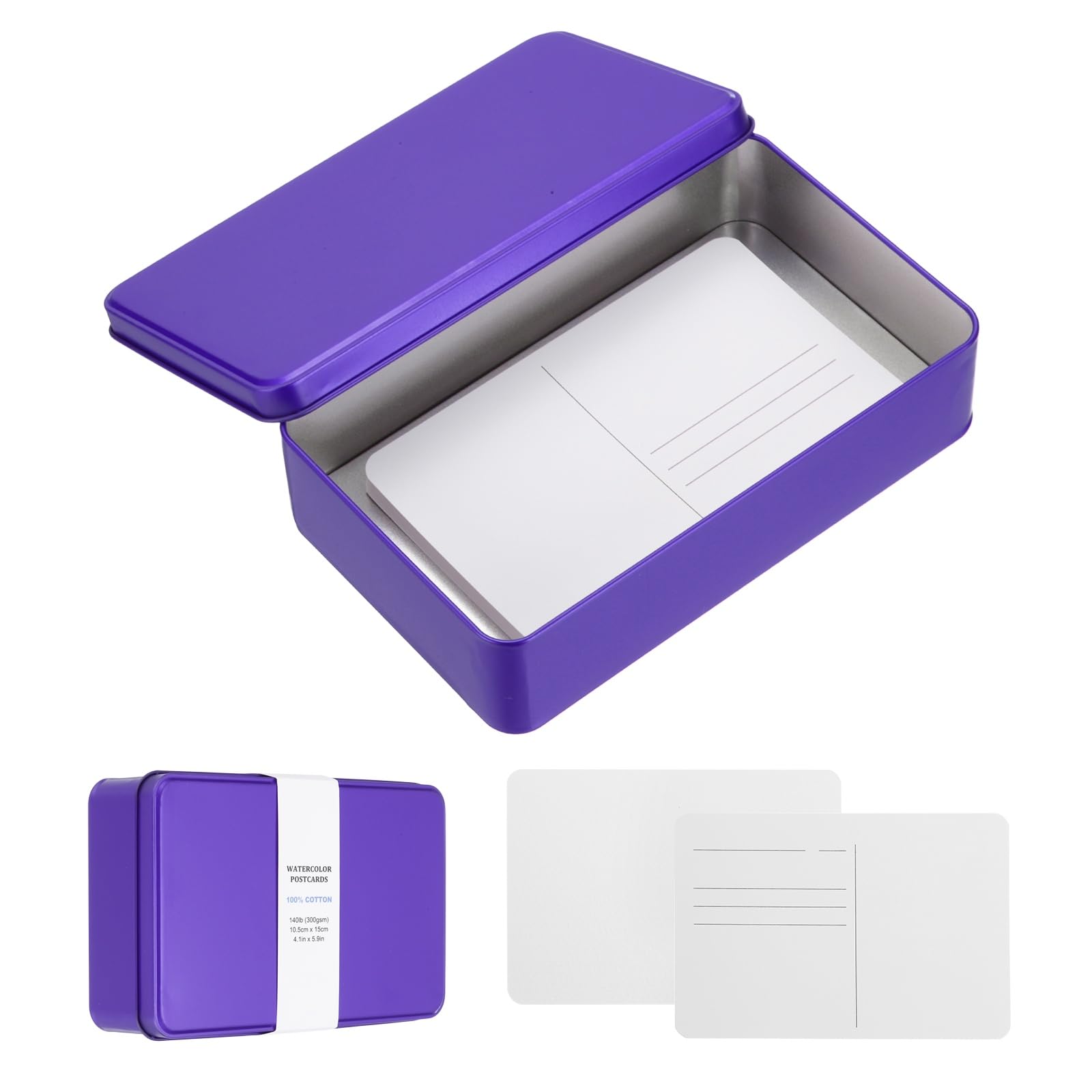 sourcing map 20 Sheets Watercolor Postcards, 100% Cotton 4x6 Inch Watercolor Paper with Purple Tin Box Blank Postcards Rough for Mailing Painting Invitations Greeting Cards(140lb/300gsm)