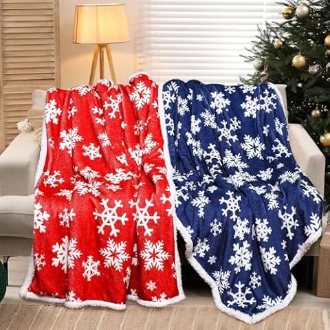 WovWeave 2 Pack Christmas Sherpa Throw Blanket 470 GSM Winter Xmas Snowflake Fleece Throws 50 x 60 Inch Cozy Reversible Microfiber Holiday Blanket Warm Soft Blankets and Throws for Gift Couch Bed Cover