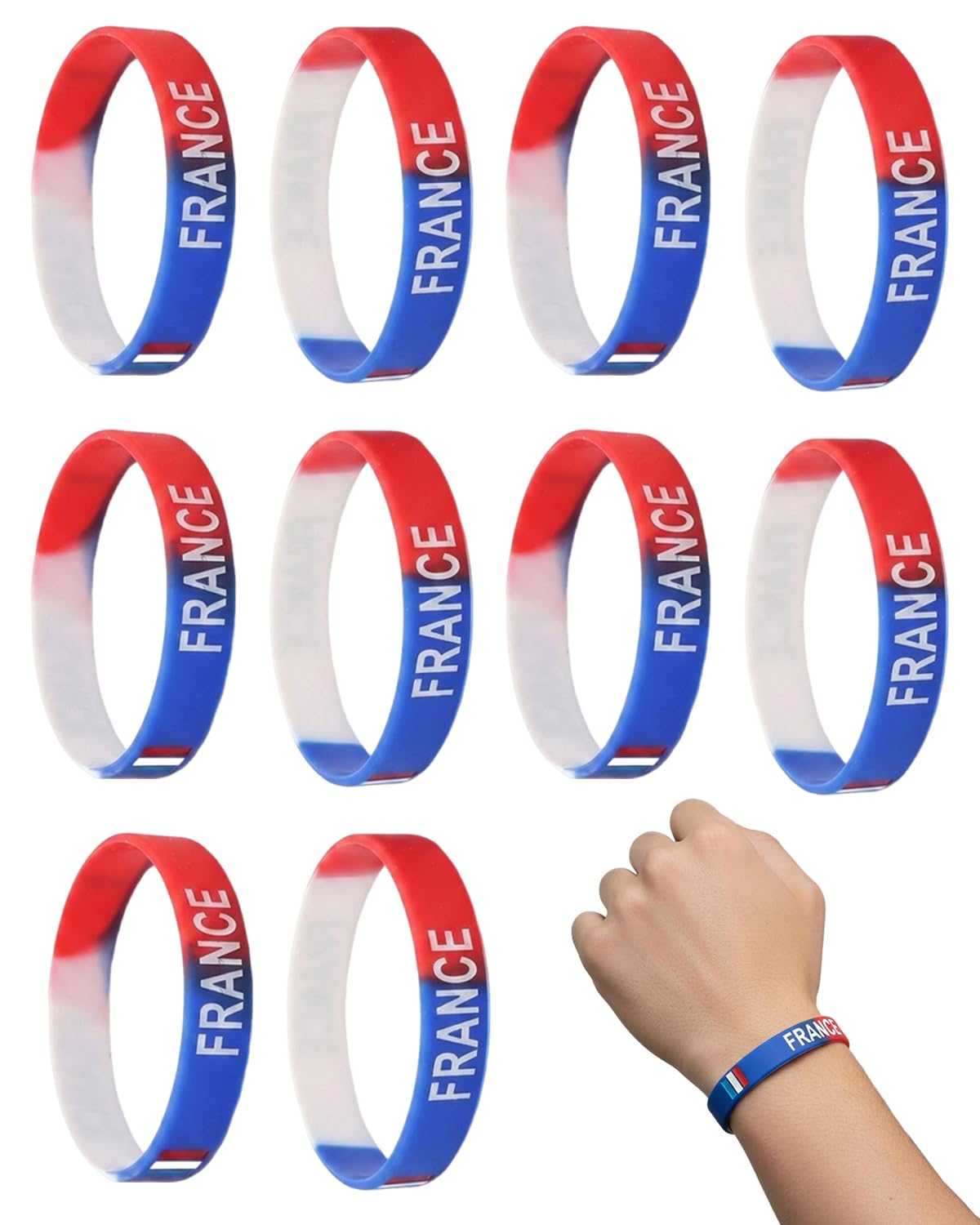 TISCH Bracelet Supporter France Lot de 10 Silicone Élastique Bleu Blanc Rouge CDM 2026. Soutien Équipe de France. Idéal Fans, Public Viewing & Stade. Robuste & Confortable.