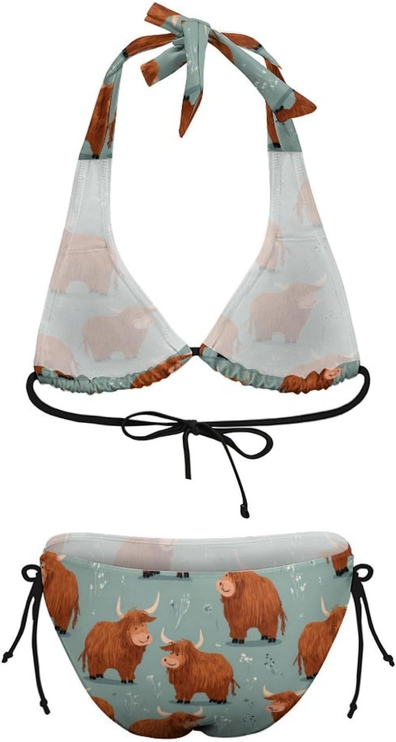 Highland Cow Pattern Novelty Women's 2 Piece String Bikini Set Swimsuits Bathing Suit Swimwear