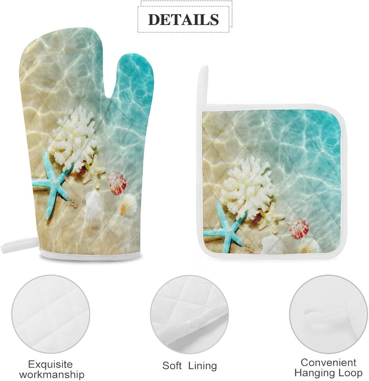 Starfish Coral and Seashell on Beach Print Oven Mitts and Pot Holders 3 Piece Sets Heat Resistant Gloves Hot Pads Potholders for Kitchen Baking Cooking