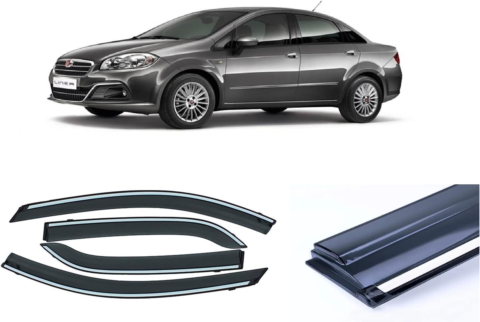 Empica Plastic Window Door Visor Rain Guard Side Wind Deflector Chrome Lining Shield Compatible with Fiat Linea (Set of 4)