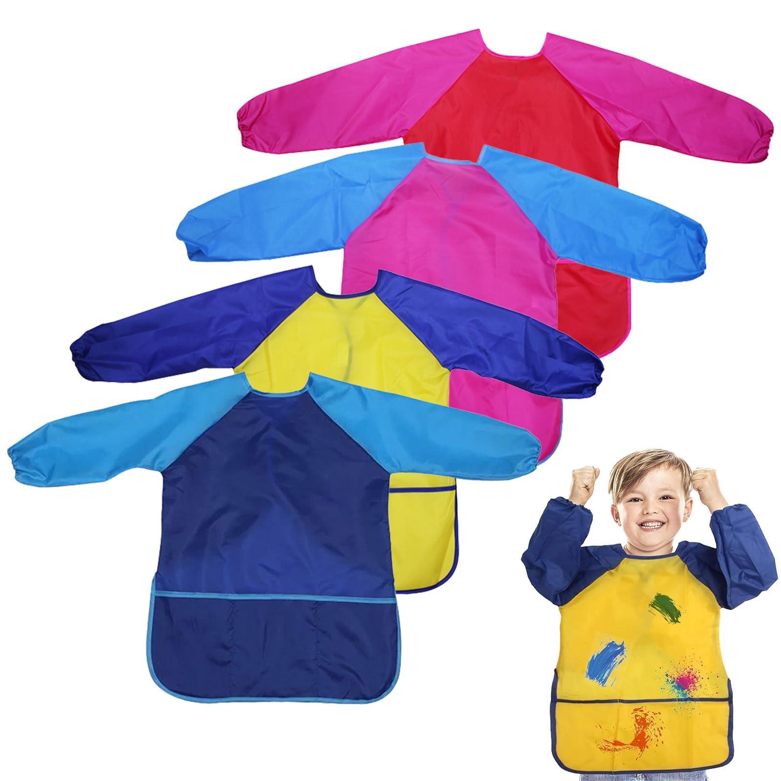 Meunhy Kids Painting Aprons 4 Pack,Kids Art Aprons Smock,Kid Craft Apron with Pockets and Long Sleeves,Waterproof,for Painting,Cooking,Eating,Arts & Crafts Childs Paint Apron