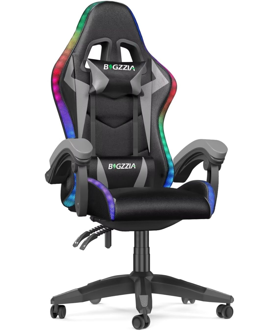 bigzzia Silla Gaming con Luces LED,Silla Ergonómica Gaming,Altura Regulable Silla con Apoyo Lumbar y Reposacabezas, Respaldo Inclinable hasta 155° (Utilización RGB, Grey)