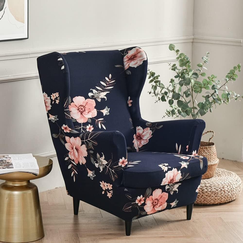 2-Pezzi Copripoltrona con Orecchie Elasticizzato, Elegante Fiori Copridivano da 1 Posto Strandmon con Fodera per Cuscino, per Bar Soggiorno Camera da Letto Reception(C)