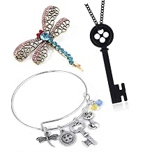 FunBoat Charm Bracelet Key Necklace and Dragonfly Hair Clip Set for Fans