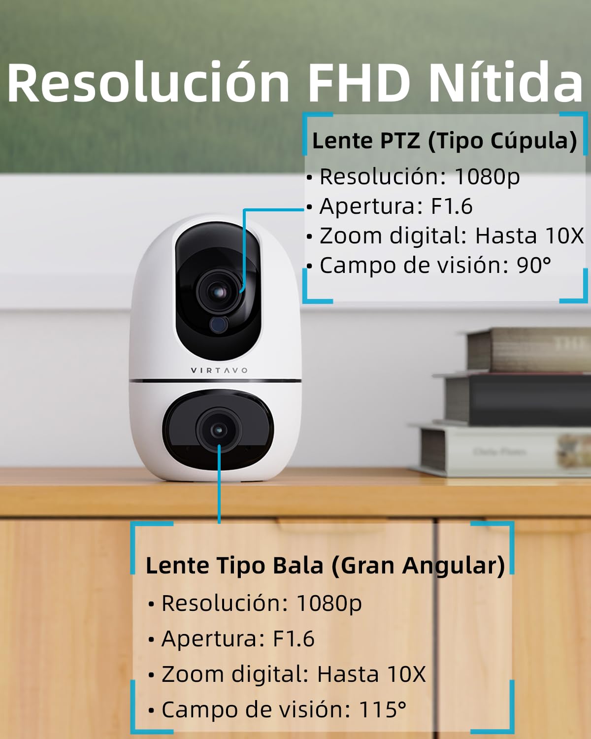 VIRTAVO Cámara Vigilancia Interior 1080P Doble Lente, Visión Nocturna Color Total y Seguimiento IA 360° | Audio Bidireccional, Alertas Móviles | para Bebé, Mascota y Hogar | WiFi 2.4GHz, SD/Nube