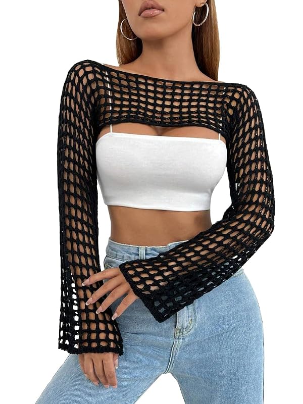 Mincib Womens Crochet Shrug Y2K Hollow Out Bolero Shrug See Through Cropped Knit Sweater Top(Black,L) by Mincib - Used condition - US$18.95