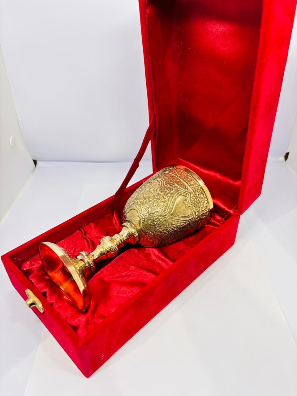 Handcrafted Brass Wine Goblet | Vintage Engraved Chalice | Medieval Drinking Cup | 6 Inch with Red Gift Box