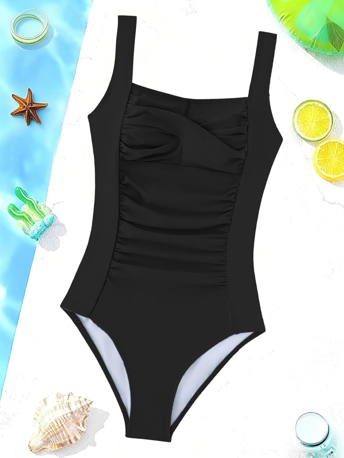 Girl Swimsuit One Piece Solid Color Bathing Suit for Girls Ruched Adjustable Straps Padded Swimwear 11-16Y - Image 5