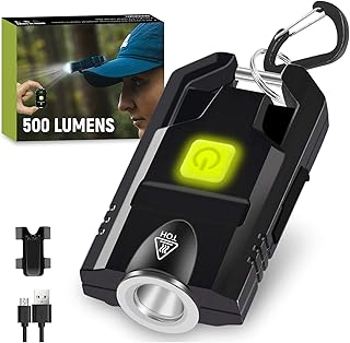 Mini Flashlight Keychain -500 Lumens Rechargeable Pocket LED Flashlight with 3 Light Modes, Waterproof Design,EDC Keychain Flashlight with Hat Clip and Carabiner for Outdoor Hiking,Travel