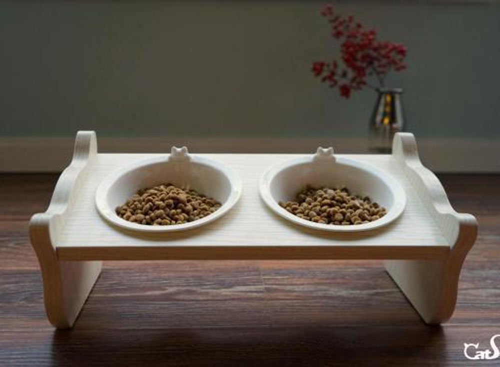 Cats Design - Ciotola doppia in legno e ceramica, edizione limitata