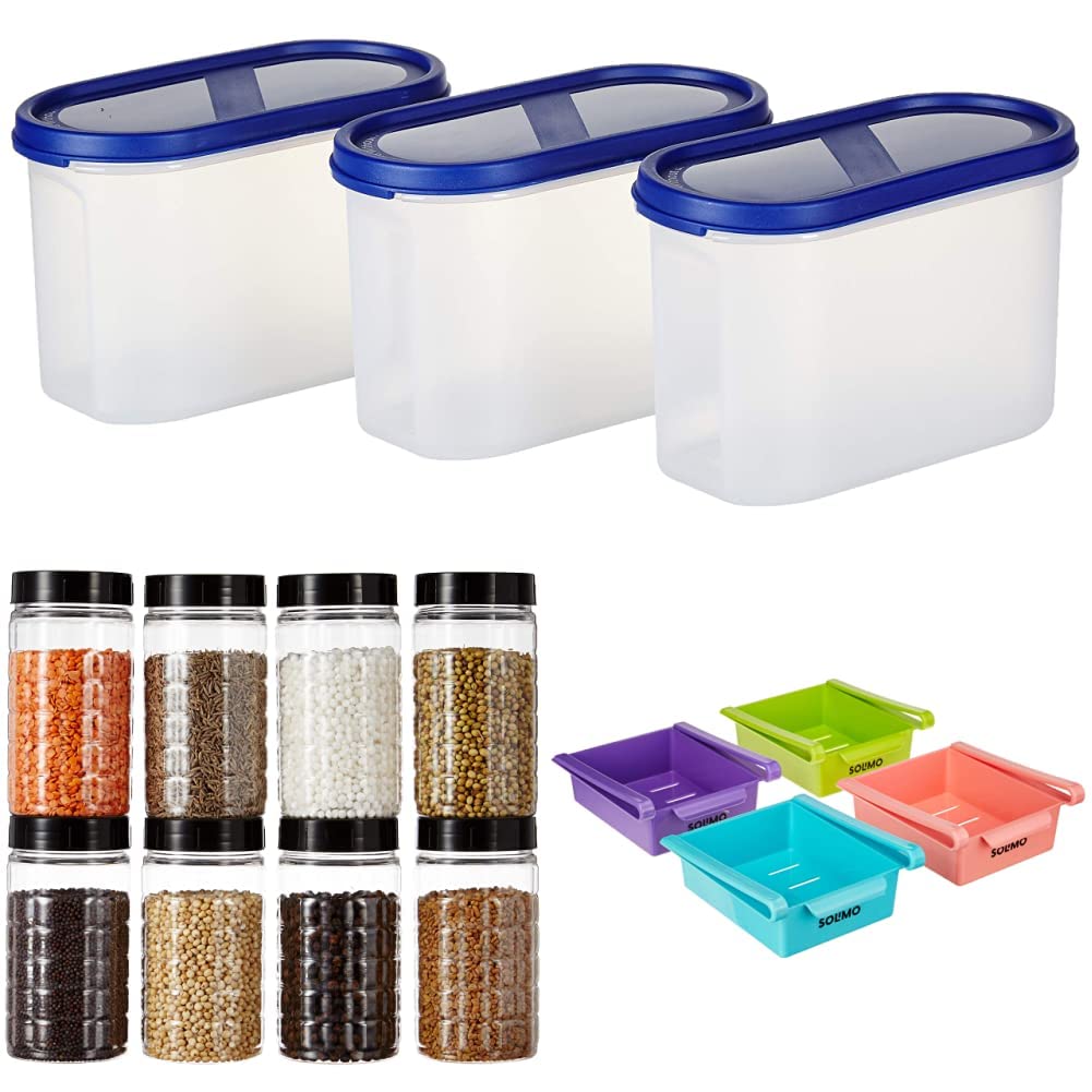 Amazon Brand - Solimo Plastic Storage Container Set with Flexi Lid (3pcs, 1200ml) & Spice Jar, 200ml, Set of 8, Black & Fridge Organizer Set (15 CM*16 CM, 4pcs) (B0BCF4TP6J) Amazon Price History, Amazon Price Tracker