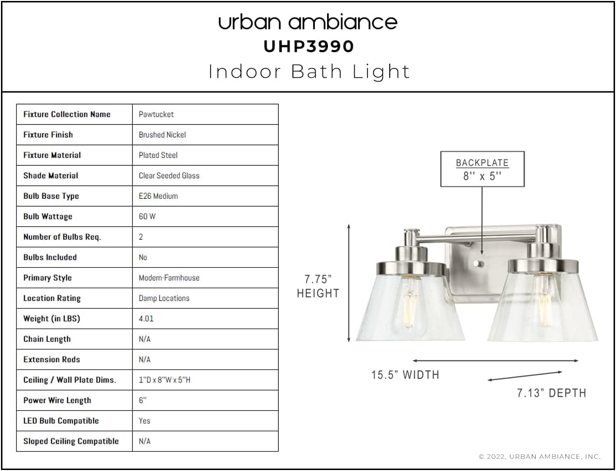 Urban Ambiance Luxury Traditional Bath Light, Medium Size: 7.75''H x 15.5''W, with Modern Farmhouse Style Elements, Brushed Nickel Finish, UHP3990, Pawtucket Collection