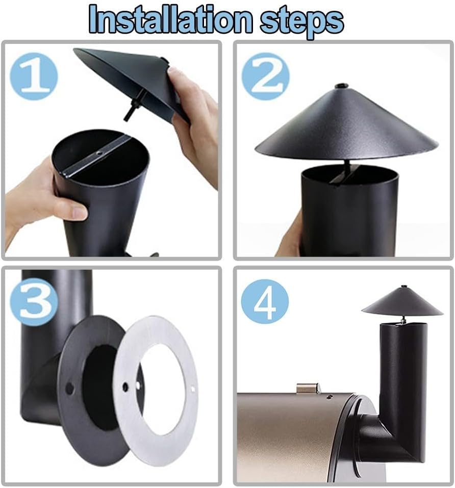 Steel Pellet Grill Smoke Stack Kit for Traeger and Compatible Brands with Chimney Cap, Gasket, Flue Pipe and Mounting Hardware to Improve Airflow and Performance Outdoors