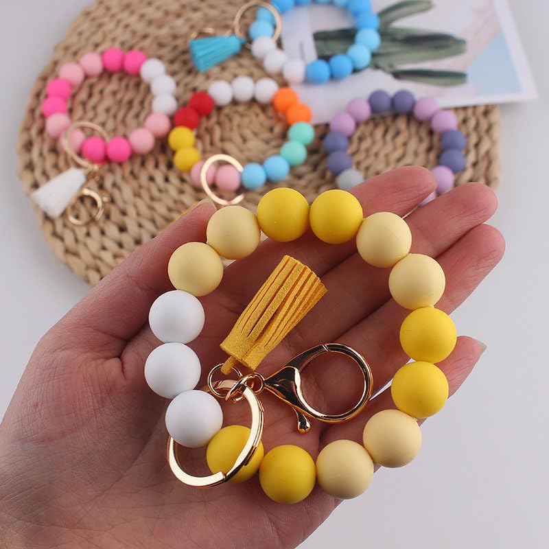 Image of Silicone Beaded Bracelet Keychain Wristlet Cute Car Key Chain Holder Wallet Bag Charm Accessory