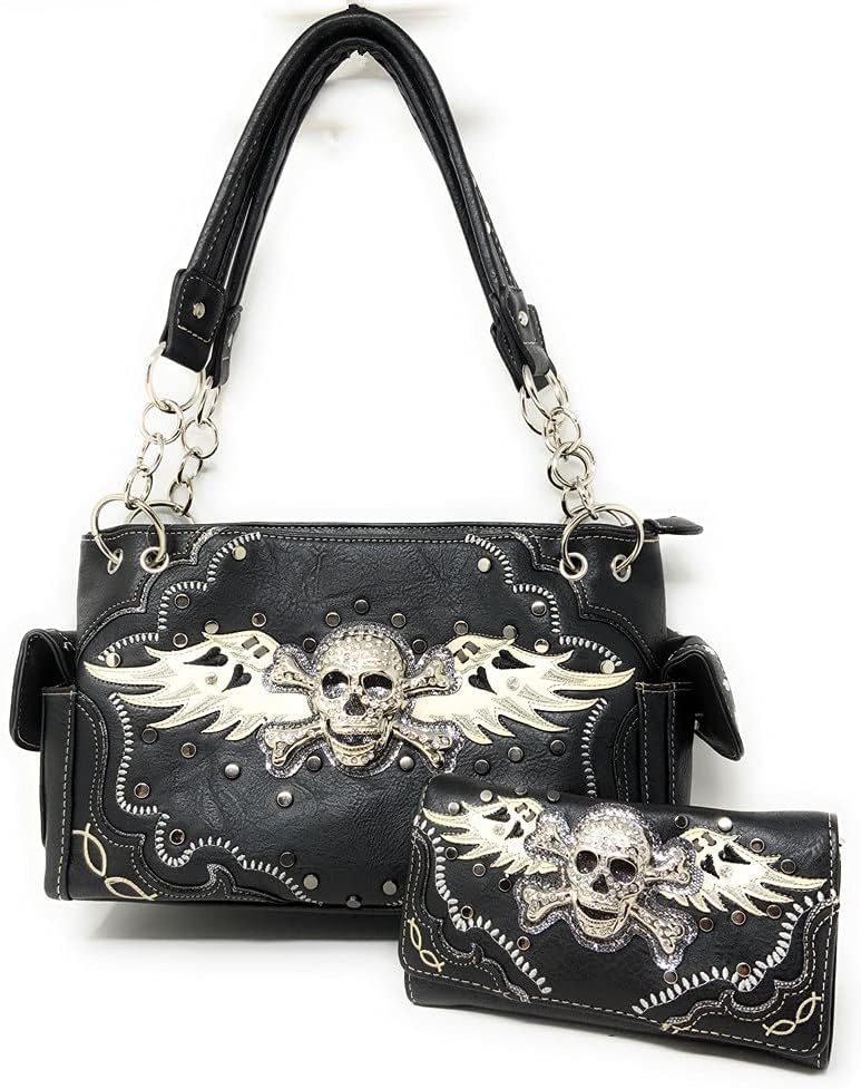Texas West Women's Embroidered Metal Skull With Wings Purse Handbag and Wallet set