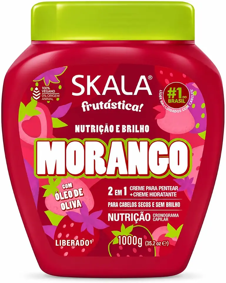 Skala Frutástica Morango Creme para Pentear 2 em 1 com Óleo de Oliva, Nutrição e Brilho, Vegano, 1000g