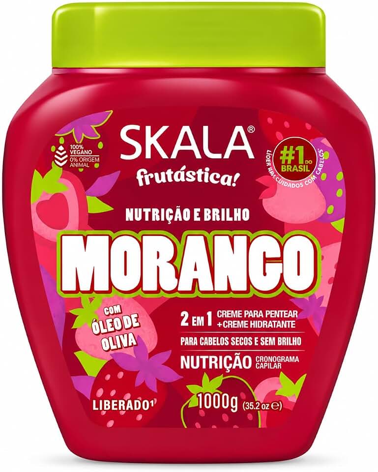 Skala Frutástica Morango Creme para Pentear 2 em 1 com Óleo de Oliva, Nutrição e Brilho, Vegano, 1000g