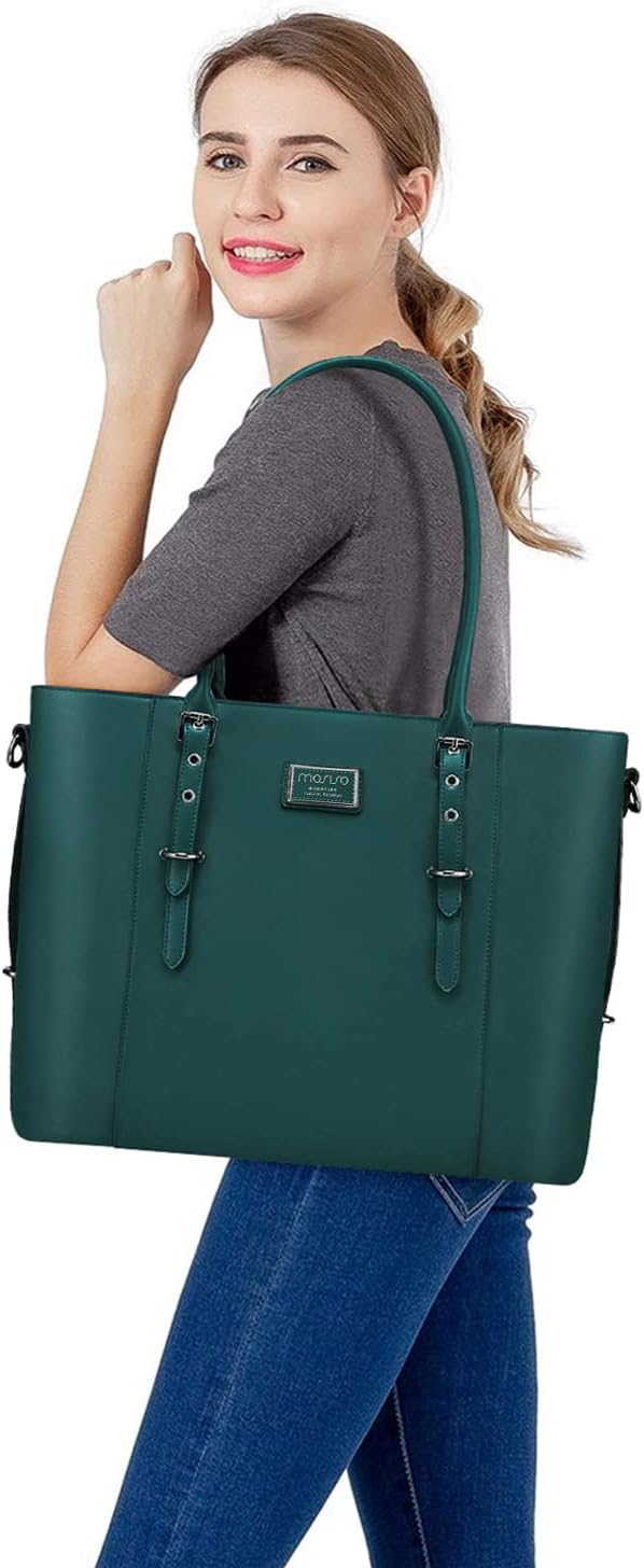 MOSISO Laptop Bag for Women, 17.3 inch Waterproof Vintage PU Leather Briefcase Shoulder Computer Laptop Tote Bag for Office Work, Deep Teal