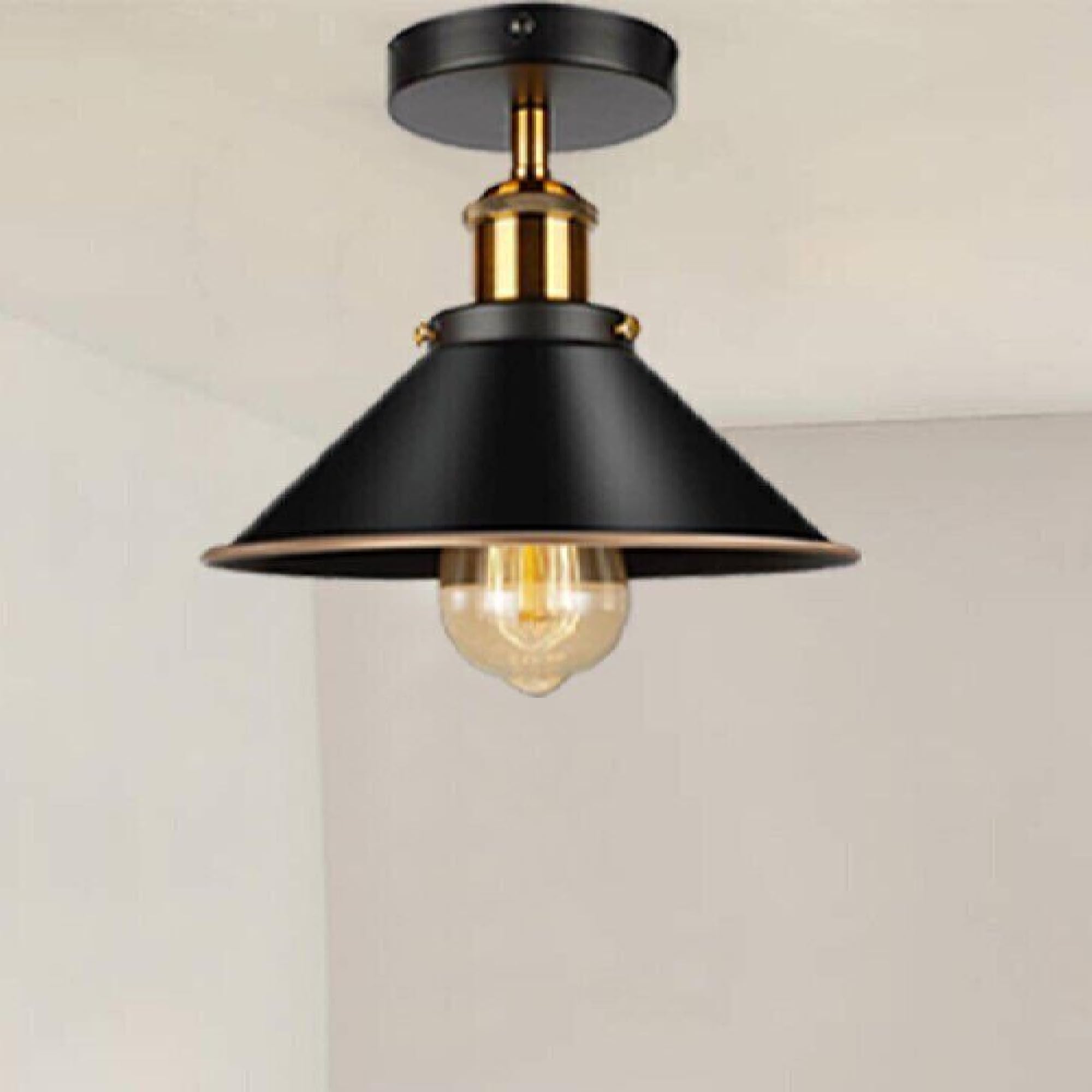 LEDSone Modern Semi Flush Mount Ceiling Light Metal Cone Shape Pendant Lamp Chandelier LED Lights Fitting with Bulb for Kitchen Bedroom Hallway Restaurant Bar Hotel Dining Room (Black Gold Line)
