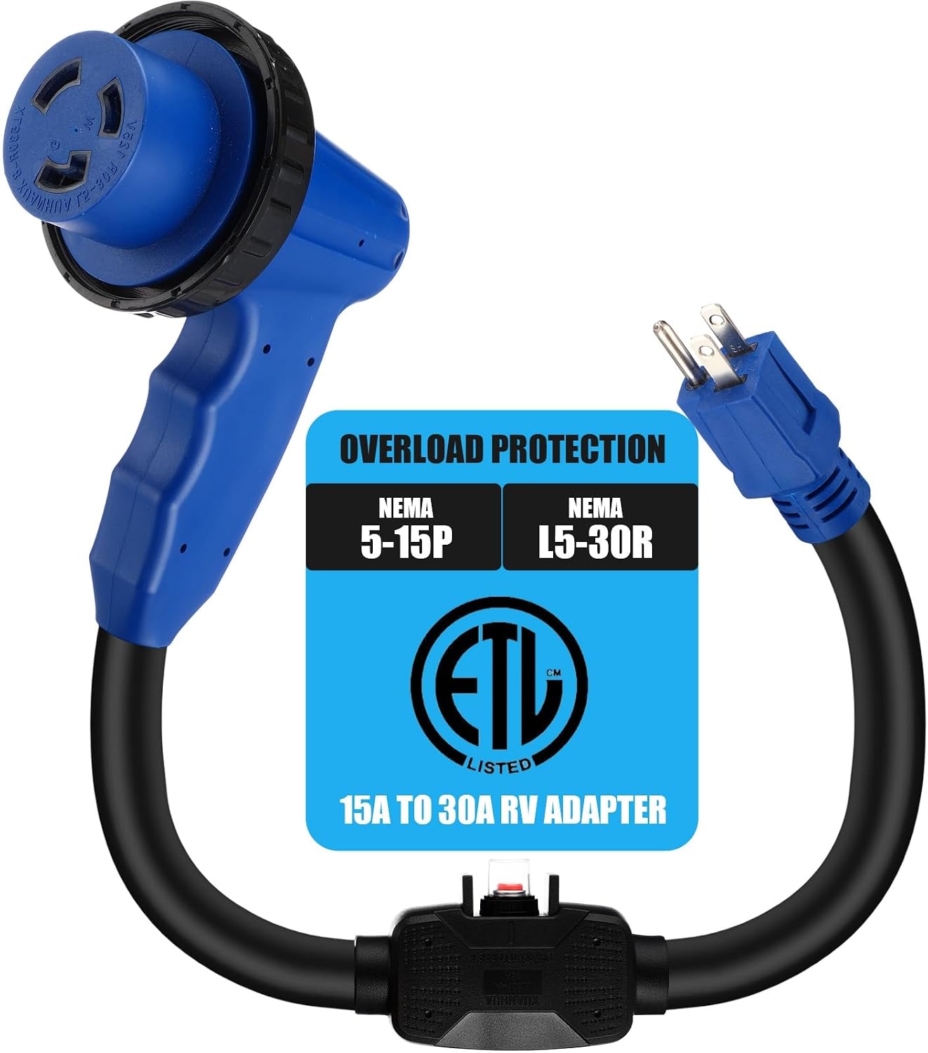 Kingdder Overload Protector 30 Amp to 50 Amp RV Adapter with Circuit Breaker, NEMA TT-30P to SS2-50R Locking Adapter Plug with LED Power Indicator Easy Grip Handle, 18 Inch, Blue, ETL Listed
