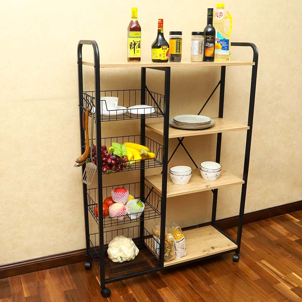 Yatai 4 Tier Storage Shelves, Microwave Stand with Wheels, Multi-layer Kitchen Rolling Cart with 4 Metal Mesh Baskets and Hooks, Multipurpose Baker Rack, Bar Cabinet for Bar, Kitchen, Dining Room