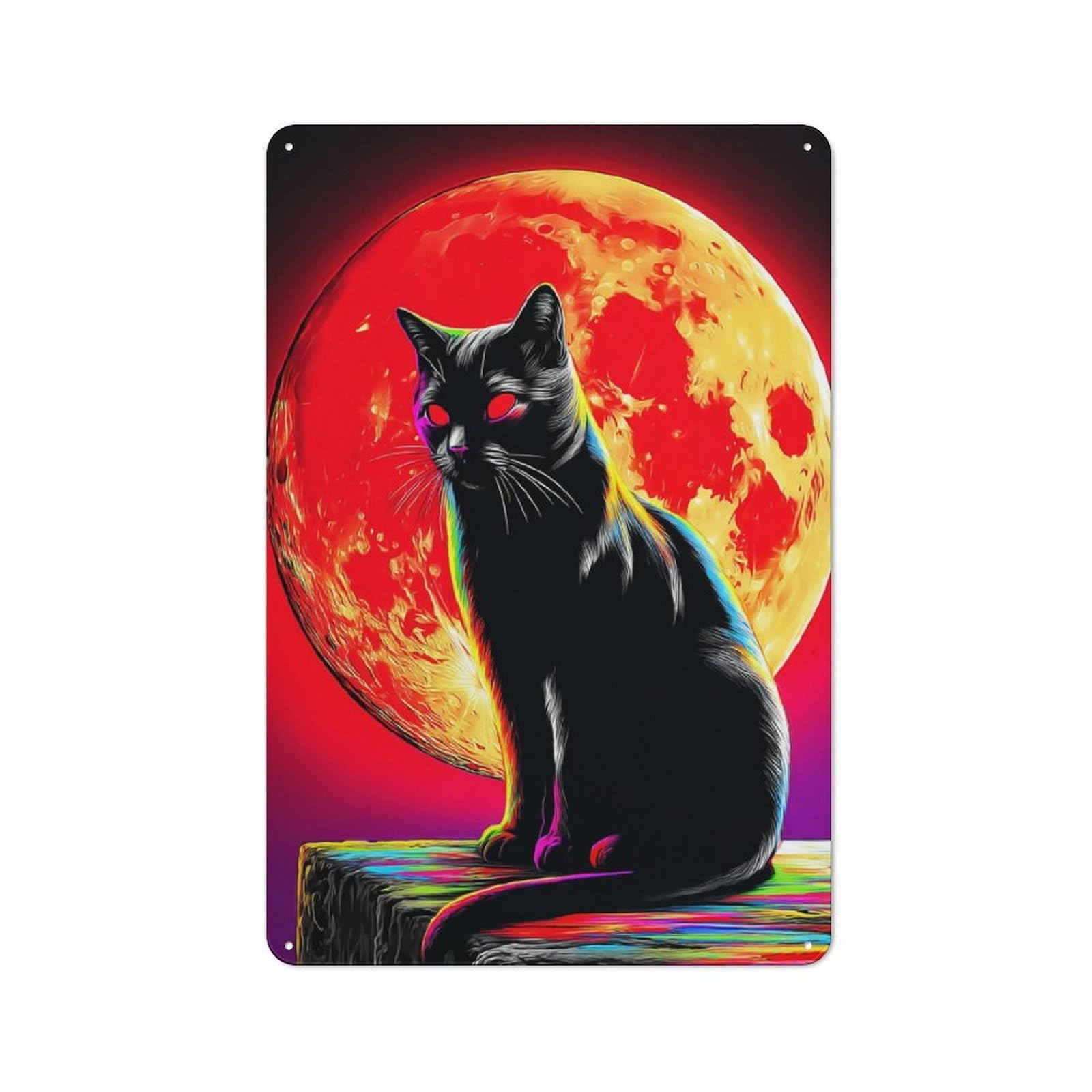 Junmoney Neon Cat With Full Moon Decorative Tin Plaque With Design 30X20cm, Classic Novelty Wall Art For Flat, Dorm Room, Lounge Or Cafe