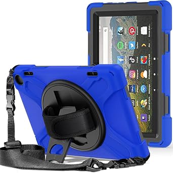 360 Rotation Case for Fire HD 8 / Fire HD 8 Plus Tablet 12th Generation 2022 Rugged Case Rotating Stand Hand Strap Shoulder Strap Outdoor Cover Blue