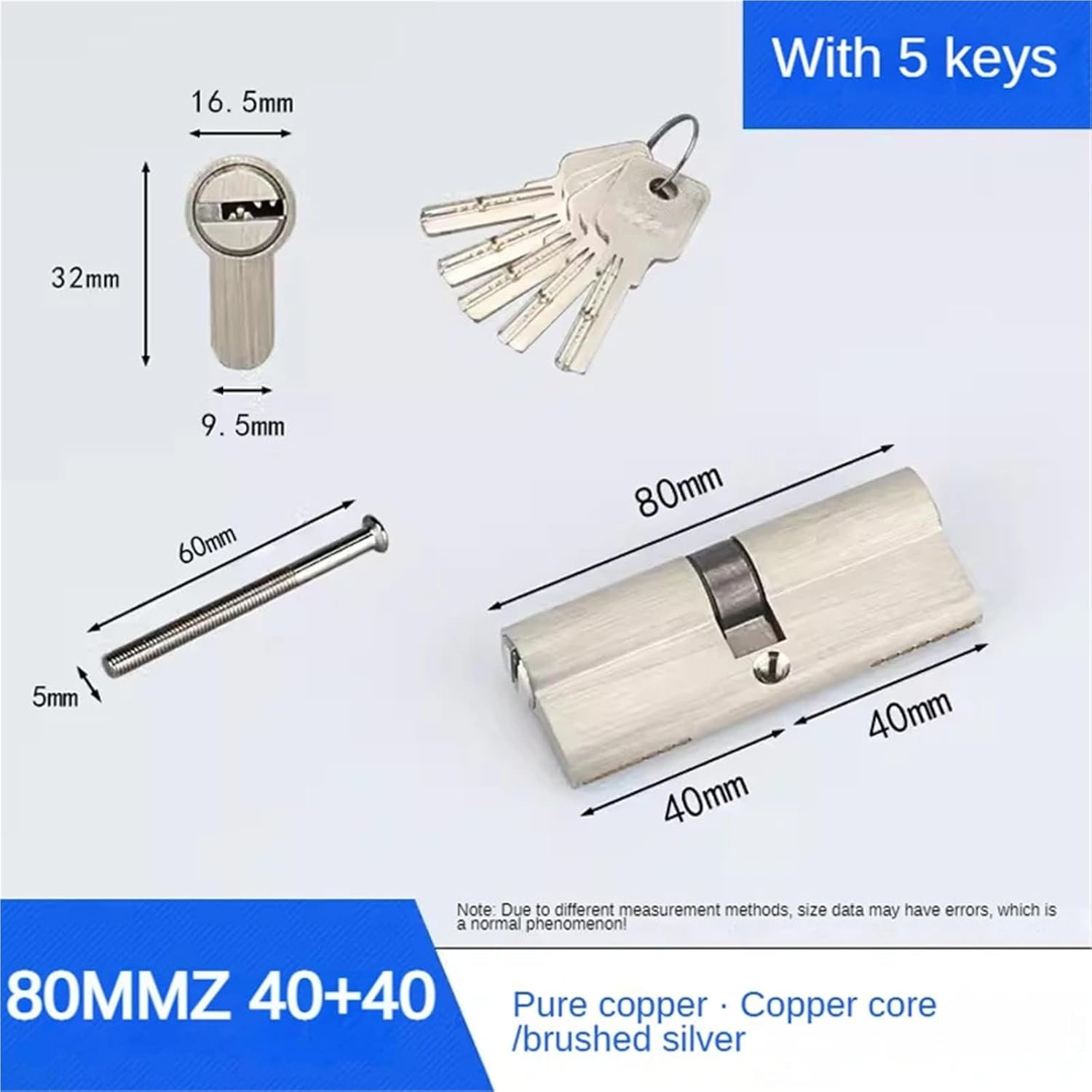 50-120mm Lock Cylinder Door Double Key Entrance Brass Lengthened Core Keys 1Pcs(80MMZ40AND40)